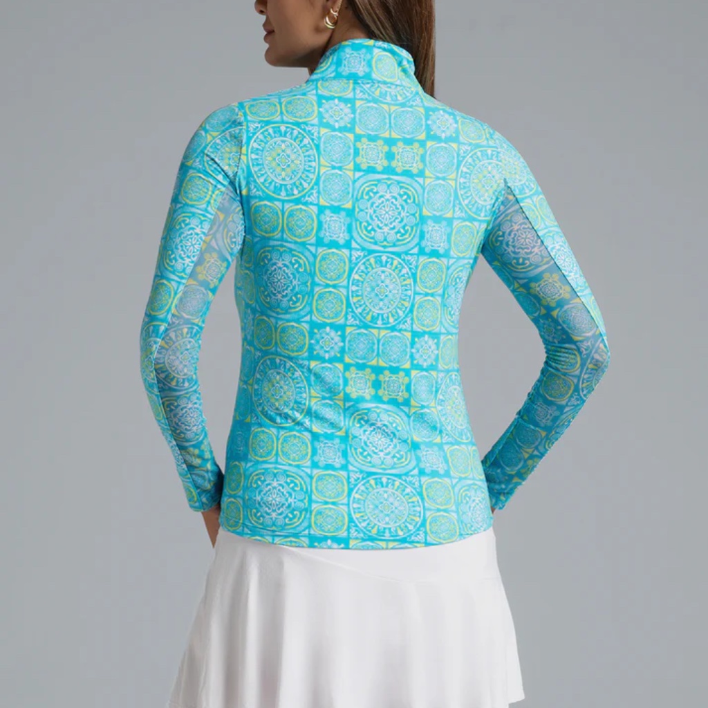 Ibkul Ibcool Josie Print Long Sleeve Zip Mock Neck Top Turquoise/Lime Xl